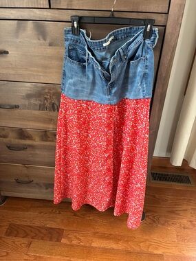 Denim-Waist Red Floral Midi Skirt